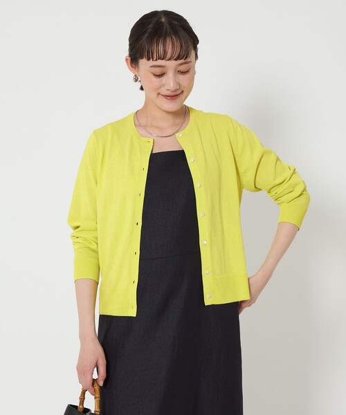 美品　グリーンレーベル　洗える　金ボタン　ツィーディー クルーネックカーディガン green label relaxing（グリーンレーベルリラクシング）の