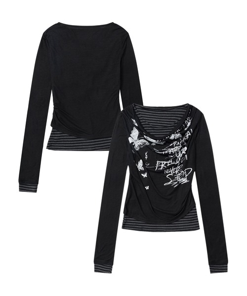 HOOK(フック)の「レイヤード風グラフィックロングTシャツ(Tシャツ/カットソー・レディース・ライトベージュ/ブラック・SMALL/MEDIUM)」の7枚目の写真