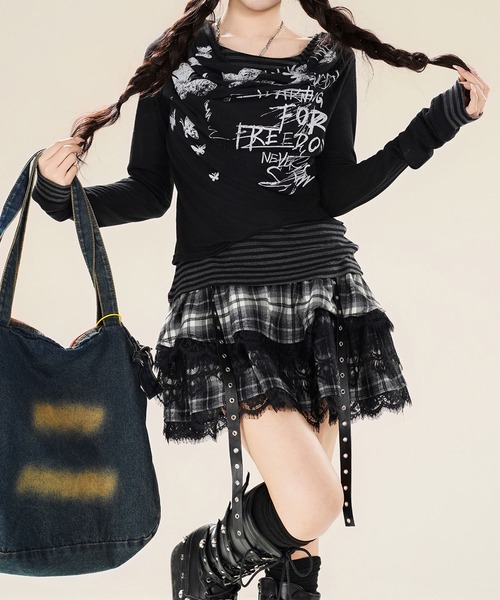 HOOK(フック)の「レイヤード風グラフィックロングTシャツ(Tシャツ/カットソー・レディース・ライトベージュ/ブラック・SMALL/MEDIUM)」の21枚目の写真