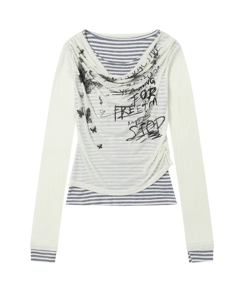 HOOK(フック)の「レイヤード風グラフィックロングTシャツ(Tシャツ/カットソー・レディース・ライトベージュ/ブラック・SMALL/MEDIUM)」の6枚目の写真