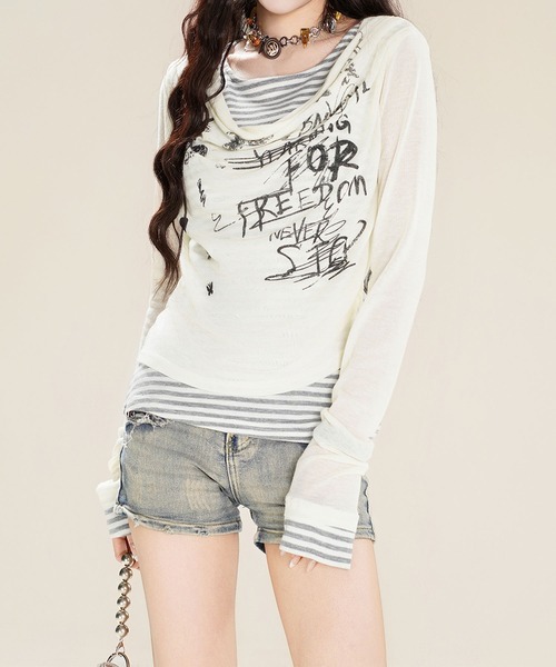 HOOK(フック)の「レイヤード風グラフィックロングTシャツ(Tシャツ/カットソー・レディース・ライトベージュ/ブラック・SMALL/MEDIUM)」の13枚目の写真