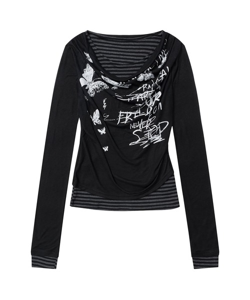 HOOK(フック)の「レイヤード風グラフィックロングTシャツ(Tシャツ/カットソー・レディース・ライトベージュ/ブラック・SMALL/MEDIUM)」の3枚目の写真