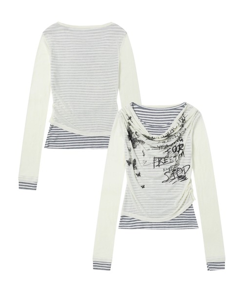 HOOK(フック)の「レイヤード風グラフィックロングTシャツ(Tシャツ/カットソー・レディース・ライトベージュ/ブラック・SMALL/MEDIUM)」の4枚目の写真