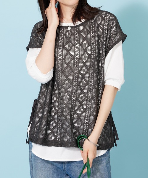 BELLUNA PLUS(ベルーナ)の「ラッセルレースサイドリボンアンサンブル(アンサンブル・レディース・チャコール/セージグリーン・X-LARGE/MEDIUM/LARGE)」の2枚目の写真