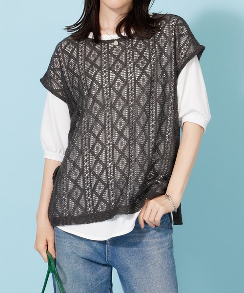 BELLUNA PLUS(ベルーナ)の「ラッセルレースサイドリボンアンサンブル(アンサンブル・レディース・チャコール/セージグリーン・X-LARGE/MEDIUM/LARGE)」の4枚目の写真
