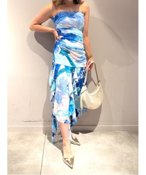 Desigual(デシグアル)の「ブルーフローラルバンドゥードレス アシンメトリーフリル 結婚式 二次会 フォーマル(ワンピース・レディース・ブルー・XL/L/M/S/XS)」の1枚目の写真