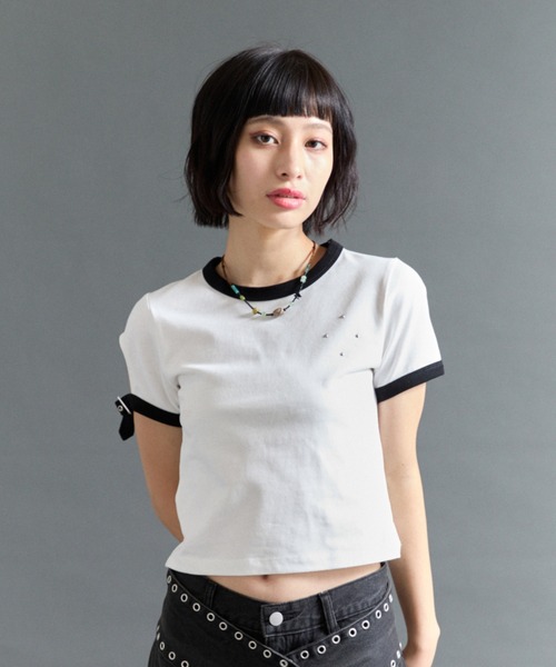FTW(エフティダブリュー)の「BUCKLE BELT RINGER TEE(Tシャツ/カットソー・レディース・オフホワイト/チャコールグレー/ライトブルー・MEDIUM/SMALL)」の1枚目の写真
