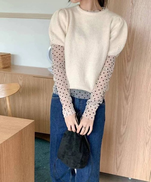MEMECLE(メメクル)の「【 MEMECLE / メメクル 】ポルカドット シースルーレイヤードトップス(Tシャツ/カットソー・レディース・ブラック/アイボリー・FREE)」の4枚目の写真