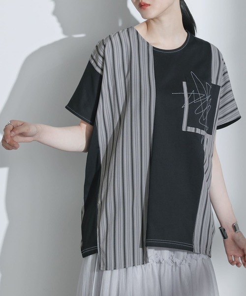 kOhAKU(コハク)の「ストライプ切替ドルマンカットソー(Tシャツ/カットソー・レディース・チャコール/ブラック・FREE)」の3枚目の写真