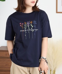 BRODIAEA カラフルフラワー刺繍半袖Tシャツ