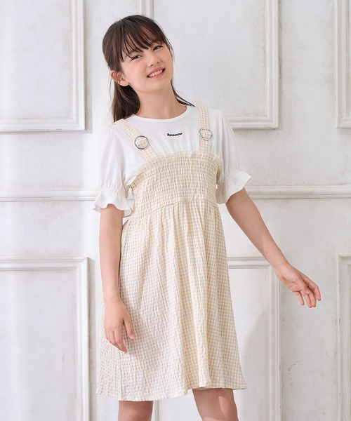 Amourire girl（アムリールガール）の「シャーリングギンガムチェック ドッキングワンピース（ワンピース・キッズ・ベージュ/ブラック・130cm/140cm/160cm/150cm）」の2枚目の写真