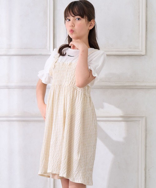 Amourire girl（アムリールガール）の「シャーリングギンガムチェック ドッキングワンピース（ワンピース・キッズ・ベージュ/ブラック・130cm/140cm/160cm/150cm）」の4枚目の写真