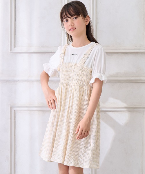 Amourire girl（アムリールガール）の「シャーリングギンガムチェック ドッキングワンピース（ワンピース・キッズ・ベージュ/ブラック・130cm/140cm/160cm/150cm）」の5枚目の写真