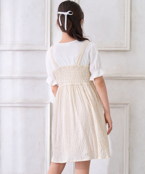 Amourire girl（アムリールガール）の「シャーリングギンガムチェック ドッキングワンピース（ワンピース・キッズ・ベージュ/ブラック・130cm/140cm/160cm/150cm）」の7枚目の写真