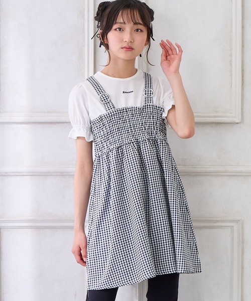 Amourire girl（アムリールガール）の「シャーリングギンガムチェック ドッキングワンピース（ワンピース・キッズ・ベージュ/ブラック・130cm/140cm/160cm/150cm）」の10枚目の写真