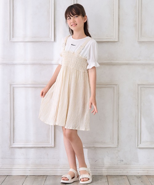 Amourire girl（アムリールガール）の「シャーリングギンガムチェック ドッキングワンピース（ワンピース・キッズ・ベージュ/ブラック・130cm/140cm/160cm/150cm）」の14枚目の写真