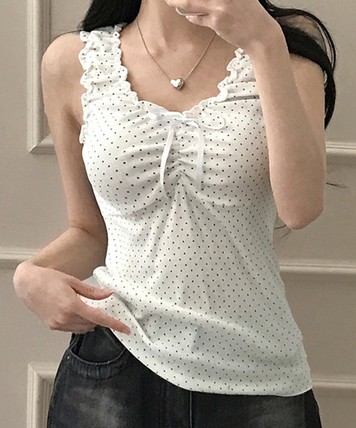 Nia(ニア)の「Nia(ニア)/ドット柄 ギャザーフリルタンクトップ(タンクトップ・レディース・ブラック/ホワイト・SMALL/MEDIUM)」の3枚目の写真