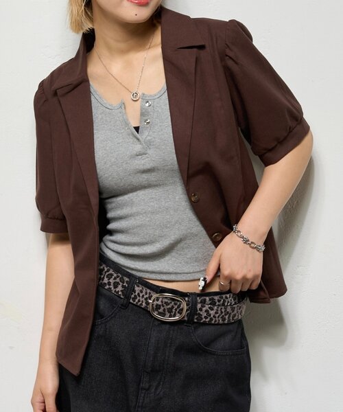 WHO'S WHO gallery（フーズフーギャラリー）の「【AW先行発売】リネンライク パフスリシャツジャケット（テーラードジャケット・レディース・ダークブラウン/ネイビー/ブラック・FREE）」の2枚目の写真