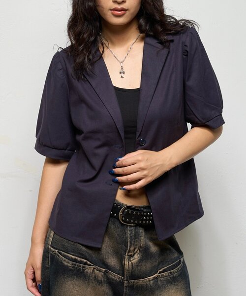 WHO'S WHO gallery（フーズフーギャラリー）の「【AW先行発売】リネンライク パフスリシャツジャケット（テーラードジャケット・レディース・ダークブラウン/ネイビー/ブラック・FREE）」の3枚目の写真