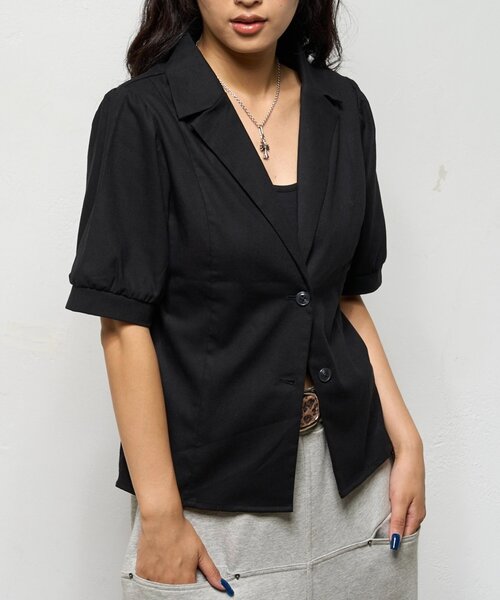 WHO'S WHO gallery（フーズフーギャラリー）の「【AW先行発売】リネンライク パフスリシャツジャケット（テーラードジャケット・レディース・ダークブラウン/ネイビー/ブラック・FREE）」の5枚目の写真