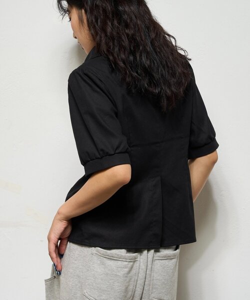 WHO'S WHO gallery（フーズフーギャラリー）の「【AW先行発売】リネンライク パフスリシャツジャケット（テーラードジャケット・レディース・ダークブラウン/ネイビー/ブラック・FREE）」の6枚目の写真