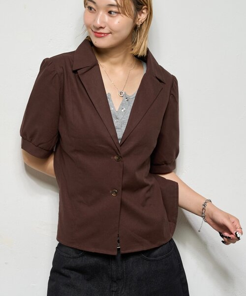 WHO'S WHO gallery（フーズフーギャラリー）の「【AW先行発売】リネンライク パフスリシャツジャケット（テーラードジャケット・レディース・ダークブラウン/ネイビー/ブラック・FREE）」の11枚目の写真