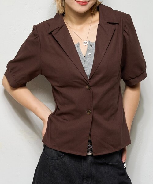 WHO'S WHO gallery（フーズフーギャラリー）の「【AW先行発売】リネンライク パフスリシャツジャケット（テーラードジャケット・レディース・ダークブラウン/ネイビー/ブラック・FREE）」の12枚目の写真