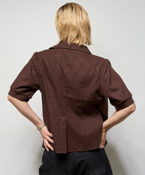 WHO'S WHO gallery（フーズフーギャラリー）の「【AW先行発売】リネンライク パフスリシャツジャケット（テーラードジャケット・レディース・ダークブラウン/ネイビー/ブラック・FREE）」の15枚目の写真
