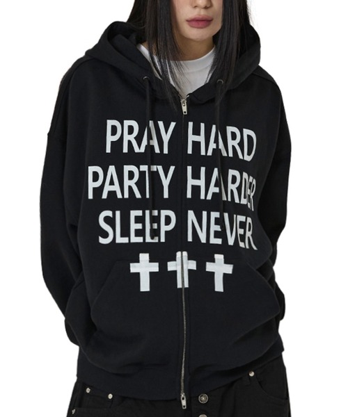 ブラックパーカー Praying フロントジップ ブラックパーカー Praying フロントジップ