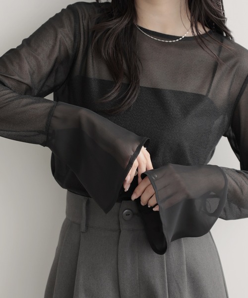 nouvellemoi（ヌーベルモイ）の「ドッキングフレアスリーブシアーシャツ（シャツ/ブラウス・レディース・ブラック/グレー/ベージュ/ホワイト・FREE）」の3枚目の写真