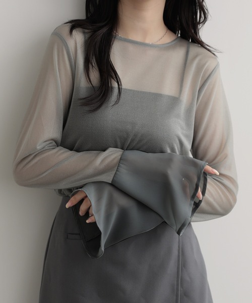 nouvellemoi（ヌーベルモイ）の「ドッキングフレアスリーブシアーシャツ（シャツ/ブラウス・レディース・ブラック/グレー/ベージュ/ホワイト・FREE）」の22枚目の写真