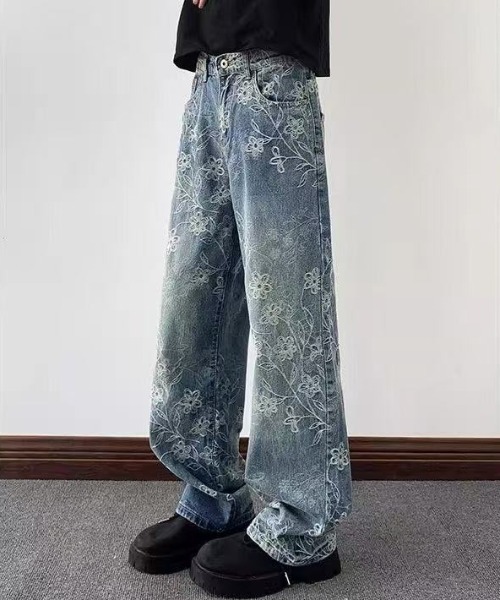 FreeZone(フリーゾーン)の「フラワー刺繍ワイドデニムパンツ(デニムパンツ・メンズ・ブルー・S/M/L)」の3枚目の写真