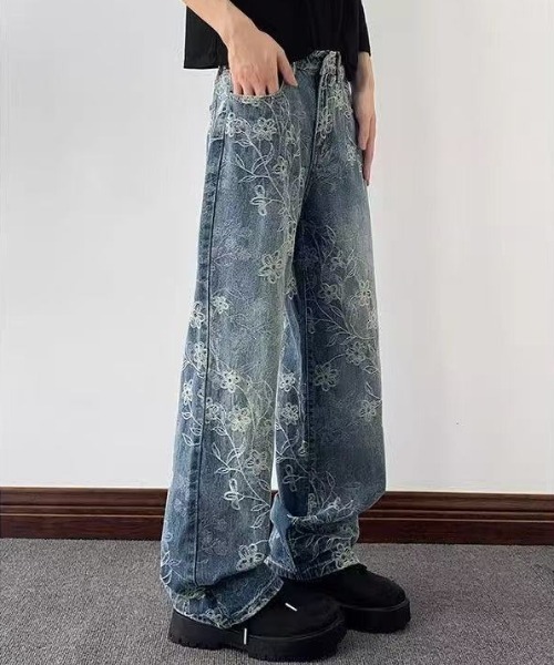 FreeZone(フリーゾーン)の「フラワー刺繍ワイドデニムパンツ(デニムパンツ・メンズ・ブルー・S/M/L)」の4枚目の写真