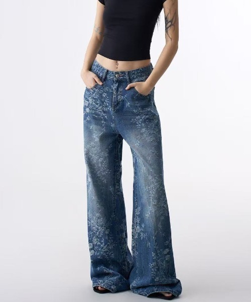 セール】フラワー刺繍ワイドデニムパンツ（デニムパンツ）｜FreeZone