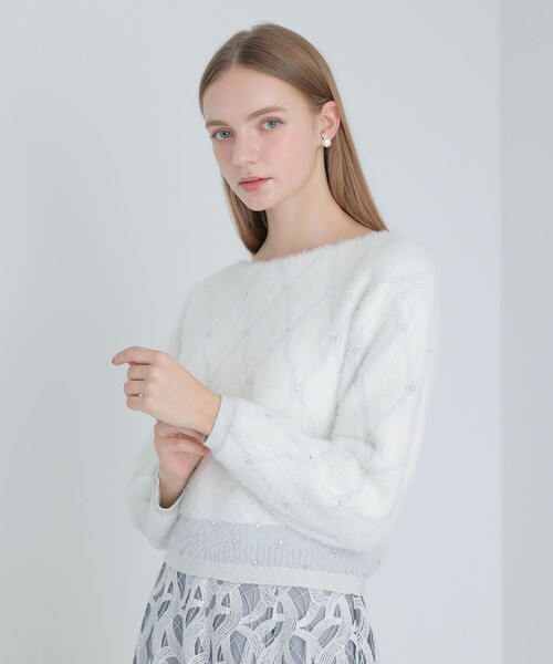 ANAYI　ビジュー付きニット　白 フェザージャガードビジュー プルオーバー（ニット/セーター）｜ANAYI