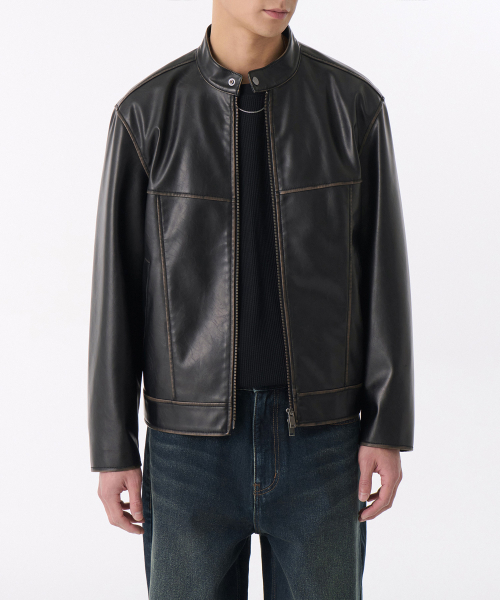 MUSINSA STANDARD（ムシンサスタンダード）の「フェイデッドシンセティックレザーレーサージャケット[ブラック]（ライダースジャケット・メンズ・その他・MEDIUM/LARGE/X-LARGE/XX-LARGE）」の2枚目の写真