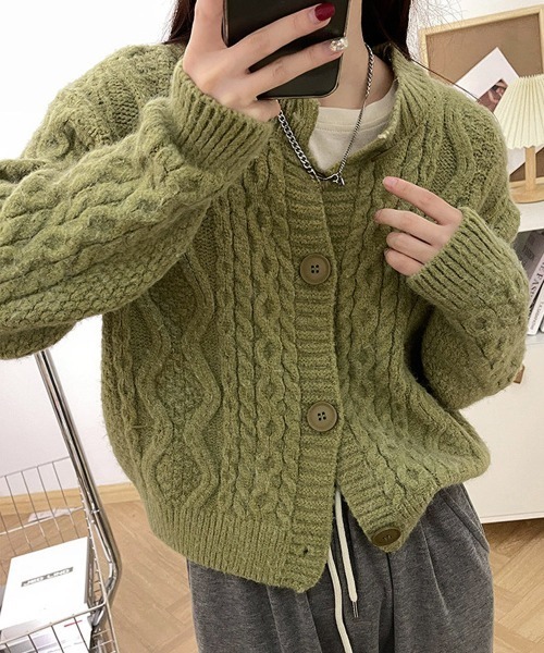 Miniministore(ミニミニストア)の「暖かいケーブル編みニットカーディガン秋冬(カーディガン/ボレロ・レディース・ダークブラウン/グリーン/ピンクベージュ/ブラック/オリーブ/オフホワイト・FREE)」の8枚目の写真