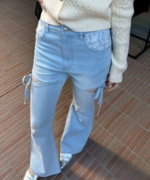 continuer de NICE CLAUP | 【2026SS】リボン付サイドスリットフレアパンツ(デニムパンツ)