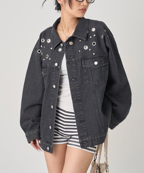 WHO'S WHO gallery（フーズフーギャラリー）の「【UNISEX/ユニセックス】アイレットデニムジャケット（デニムジャケット・レディース・ブラック/サックスブルー/ネイビー・MEDIUM/LARGE）」の7枚目の写真