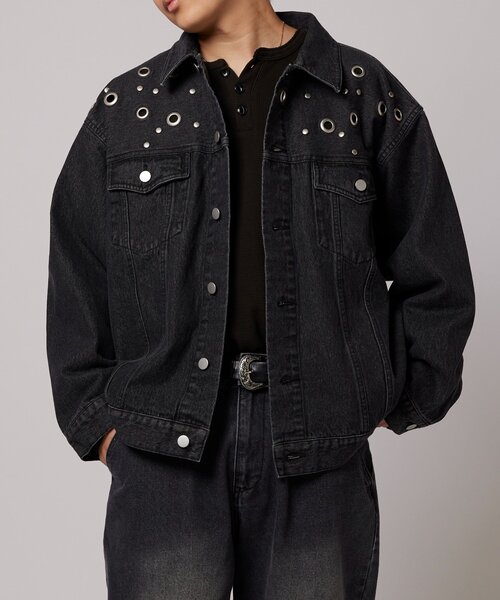 WHO'S WHO gallery（フーズフーギャラリー）の「【UNISEX/ユニセックス】アイレットデニムジャケット（デニムジャケット・レディース・ブラック/サックスブルー/ネイビー・MEDIUM/LARGE）」の10枚目の写真