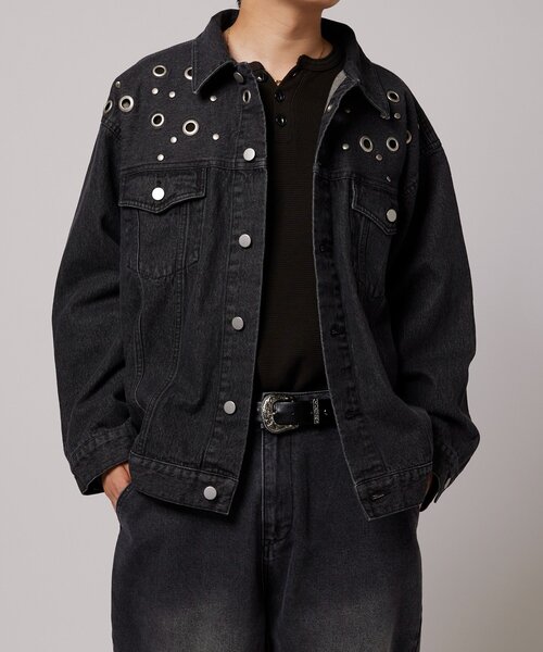 WHO'S WHO gallery（フーズフーギャラリー）の「【UNISEX/ユニセックス】アイレットデニムジャケット（デニムジャケット・レディース・ブラック/サックスブルー/ネイビー・MEDIUM/LARGE）」の11枚目の写真