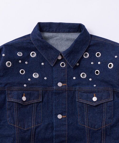 WHO'S WHO gallery（フーズフーギャラリー）の「【UNISEX/ユニセックス】アイレットデニムジャケット（デニムジャケット・レディース・ブラック/サックスブルー/ネイビー・MEDIUM/LARGE）」の21枚目の写真