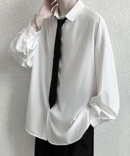 WYZ wear（ダブリューワイジィーウェア）の「ネクタイ付きオーバーサイズシャツ/ユニセックス（シャツ/ブラウス・メンズ・ブラック/ホワイト/グレー・M/L/XL）」の5枚目の写真