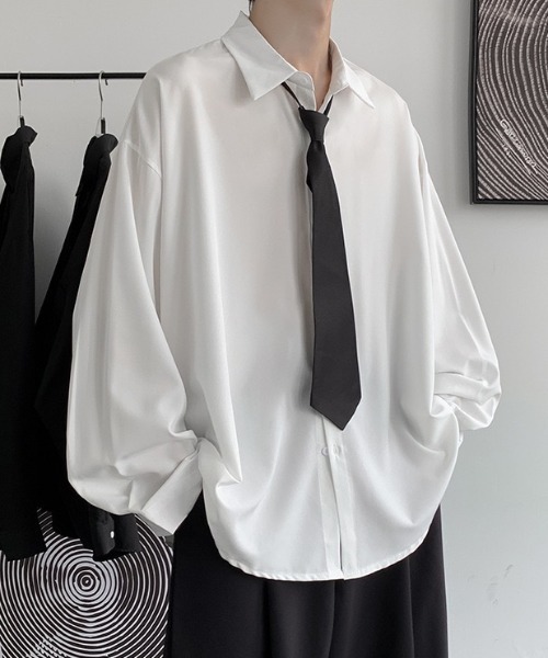 WYZ wear（ダブリューワイジィーウェア）の「ネクタイ付きオーバーサイズシャツ/ユニセックス（シャツ/ブラウス・メンズ・ブラック/ホワイト/グレー・M/L/XL）」の7枚目の写真
