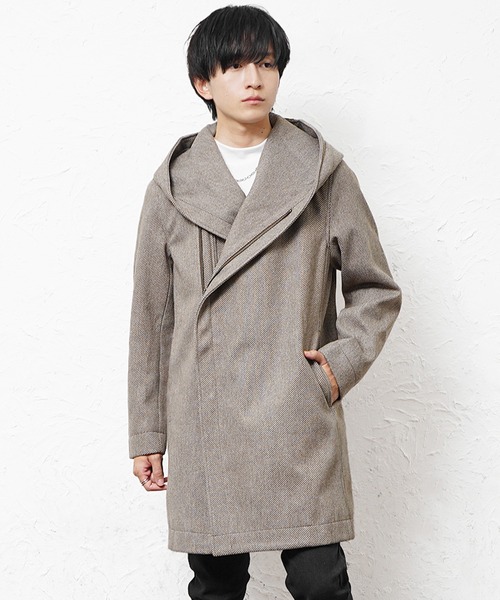 MinoriTY(マイノリティ)の「【MinoriTY select】ヘリンボーンダブルジップボリュームネックフードロングコート ウエストシェイプ アウター メンズ 冬服(ピーコート・メンズ・ネイビー/ブラウン/ブラック・M/L/XL)」の5枚目の写真