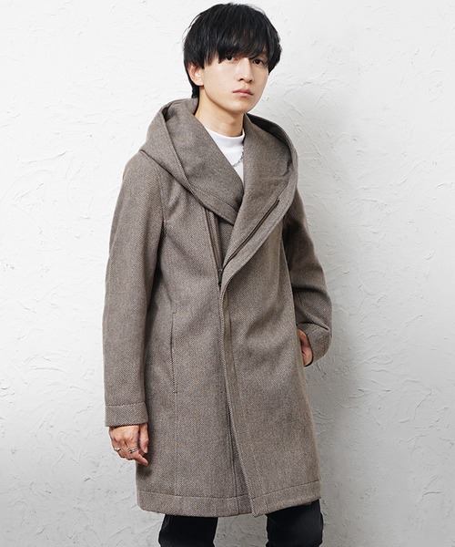MinoriTY(マイノリティ)の「【MinoriTY select】ヘリンボーンダブルジップボリュームネックフードロングコート ウエストシェイプ アウター メンズ 冬服(ピーコート・メンズ・ネイビー/ブラウン/ブラック・M/L/XL)」の10枚目の写真
