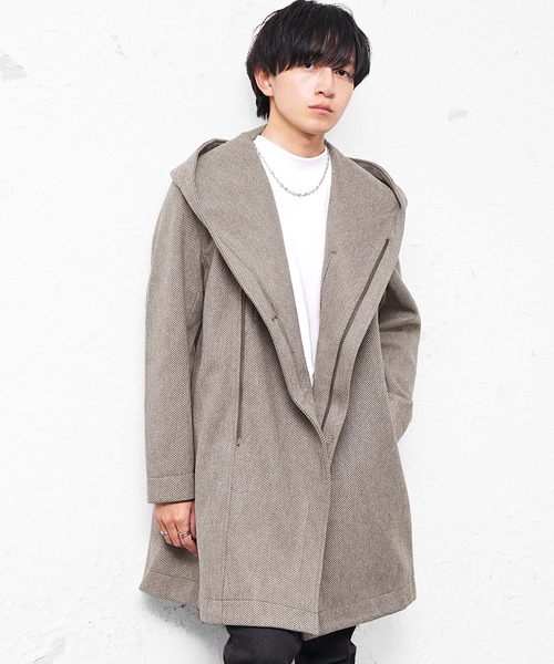 MinoriTY(マイノリティ)の「【MinoriTY select】ヘリンボーンダブルジップボリュームネックフードロングコート ウエストシェイプ アウター メンズ 冬服(ピーコート・メンズ・ネイビー/ブラウン/ブラック・M/L/XL)」の9枚目の写真