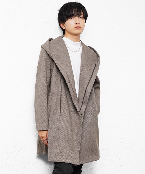 MinoriTY(マイノリティ)の「【MinoriTY select】ヘリンボーンダブルジップボリュームネックフードロングコート ウエストシェイプ アウター メンズ 冬服(ピーコート・メンズ・ネイビー/ブラウン/ブラック・M/L/XL)」の4枚目の写真