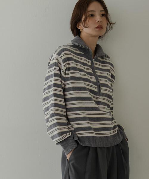 URBAN RESEARCH Sonny Label(アーバンリサーチサニーレーベル)の「モールヤーンマルチボーダーハーフジッププルオーバー(ニット/セーター・レディース・ネイビー/ブラウン/グレー・FREE)」の2枚目の写真