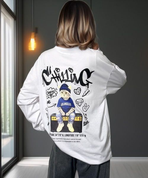 Candlestick(キャンドルスティック)の「タギング ゴースト キャット ストリート ロンT(Tシャツ/カットソー・レディース・ネイビー系1/ブラック系3/ブラック系1/杢グレー/ネイビー系2/ブラック系4/ブラック系2/ダークグリーン/ブラック系5/ホワイト系2/ホワイト系1/ホワイト系・L/M/LL)」の3枚目の写真